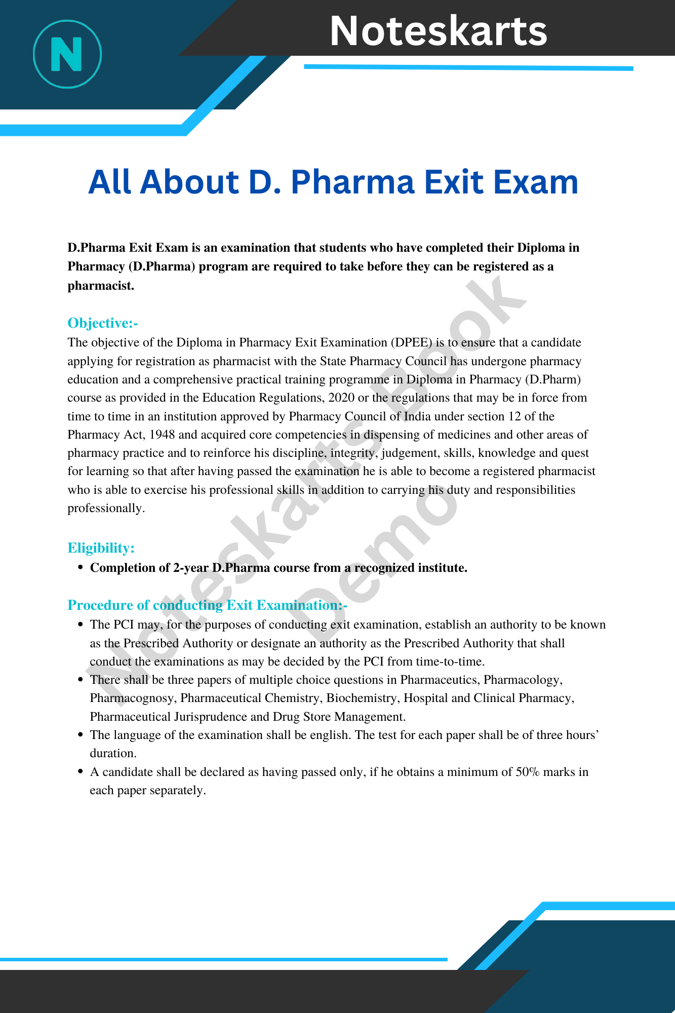 D.Pharma Exit Examination Book PDF Noteskarts
