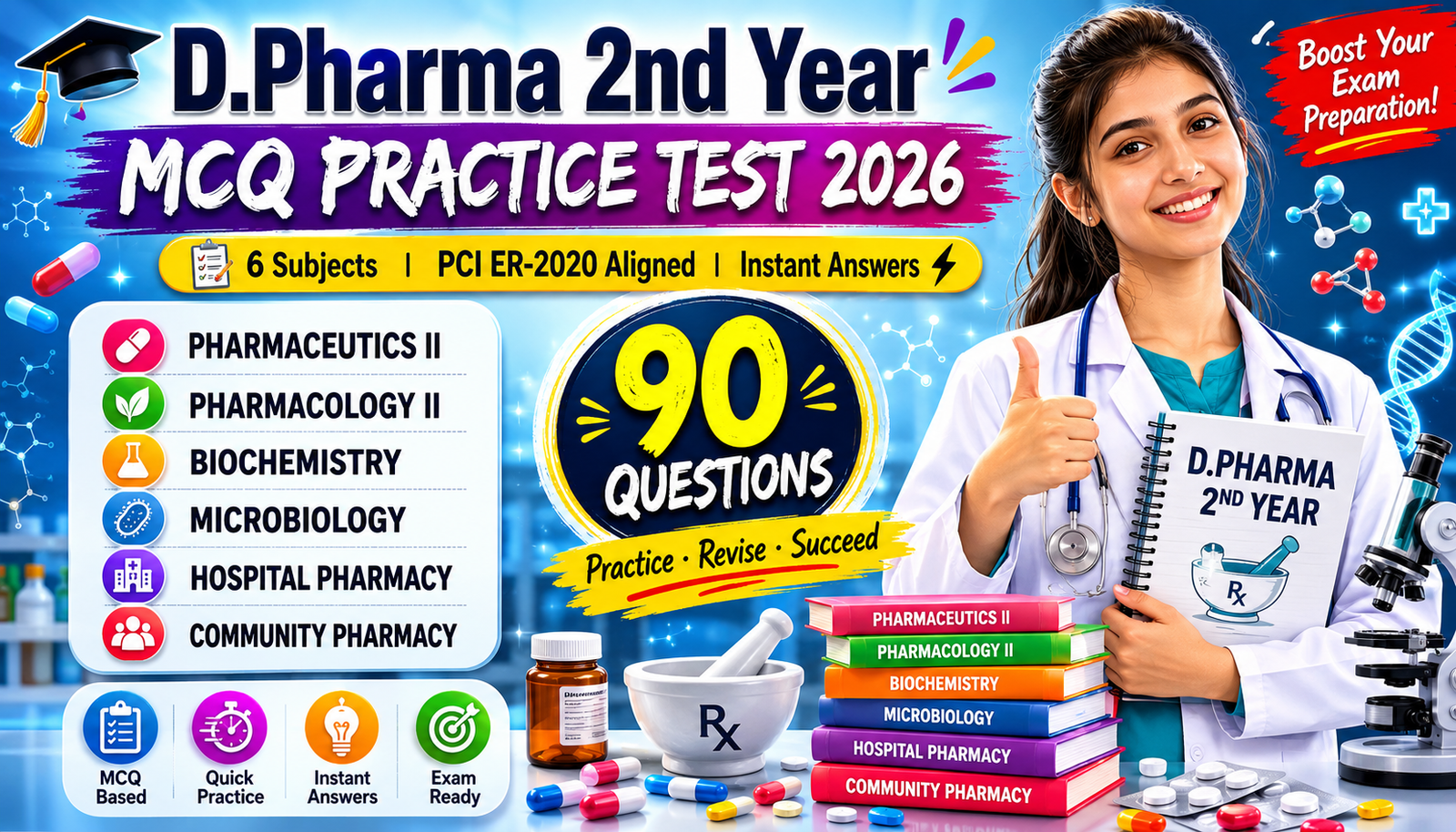 D.Pharm 2nd Year 90 MCQ Practice Test with Answers, PCI ER-2020 D.Pharm Important MCQs, D.Pharm Pharmacology II MCQ Questions, Pharmaceutics II Important MCQs for Exam, D.Pharm, Biochemistry One Mark Questions, Microbiology MCQs for Pharmacy Students, Hospital Pharmacy Objective Questions, Community Pharmacy MCQ Quiz, D.Pharm Board Exam MCQ Preparation, Pharmacy Exit Exam MCQs 2026-27, GPAT Foundation MCQs for D.Pharm Students, Best D.Pharm MCQ Test Online